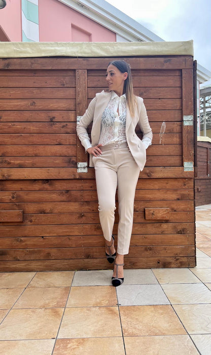 Pantalone IMPERIAL slim beige con cinta raso