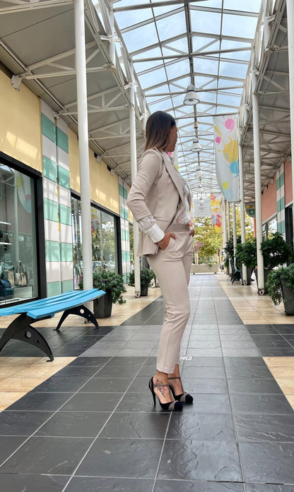 Pantalone IMPERIAL slim beige con cinta raso